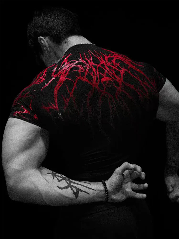 GYM T-shirt Men's Dark Gothic Print Muscle Tee High Elasticity And Quick Drying Exercise For Bodybuilding Training - Sun Studio