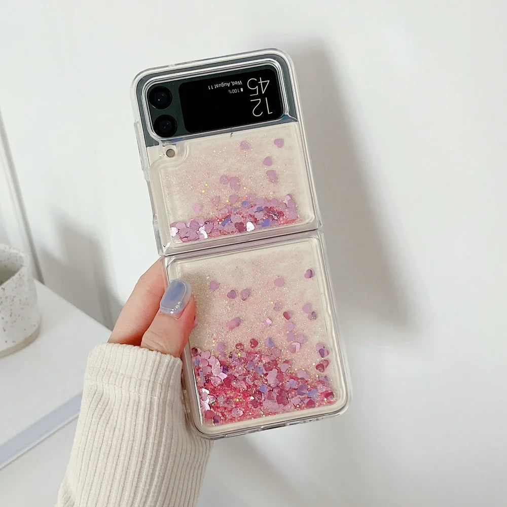for Samsung Z Flip 7 Luxury Glitter Quicksand Case For Samsung Galaxy Z Flip 7 6 5 4 3 ZFlip 7FE Gradient Love Heart Bling Cover - Sun Studio