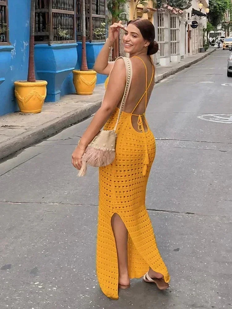 Sexy Knit Cut Out Tassel Spaghetti Strap Bodycon Beach Maxi Dress Summer Women's Holiday Club Party Outfit Swimsuit Cover Up K10 - Sun Studio