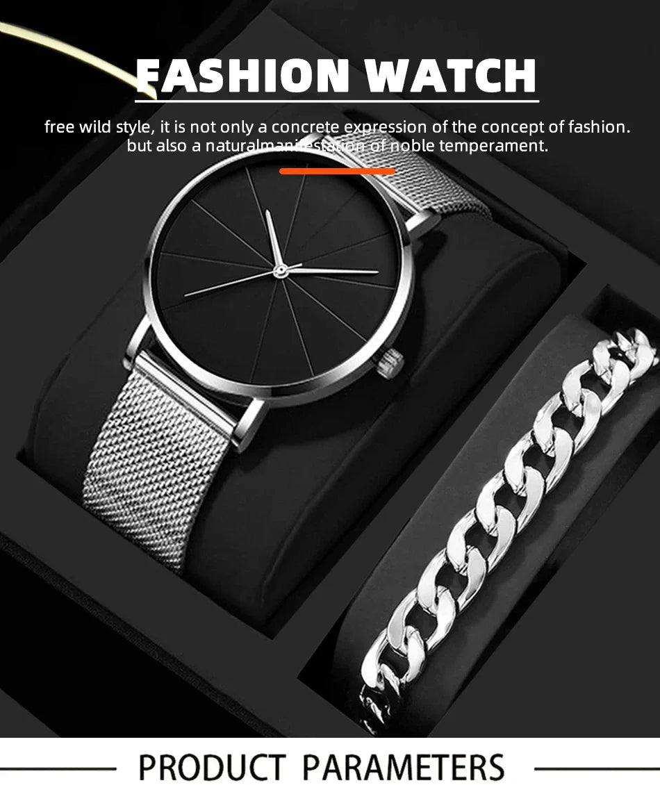 Mens Fashion Business Quartz Wristwatch Fashion Calendar Men Watch Stainless Steel Mesh Belt Men Luxury Silver Bracelet Watches - Sun Studio