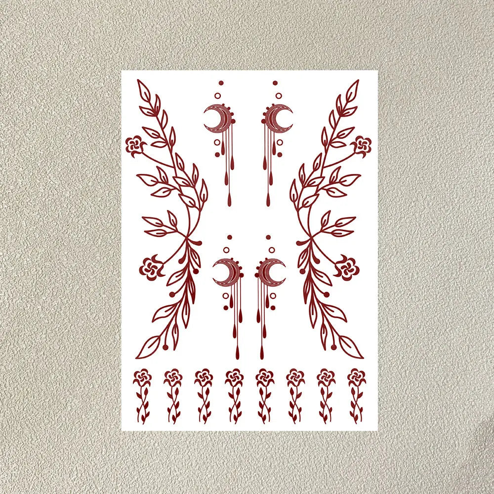 Waterproof Flower Hand Tattoo for Women Maroon Henna Tattoo Stickers for Hand Fingers Body Art Disposable Fake Tattoo Festival
