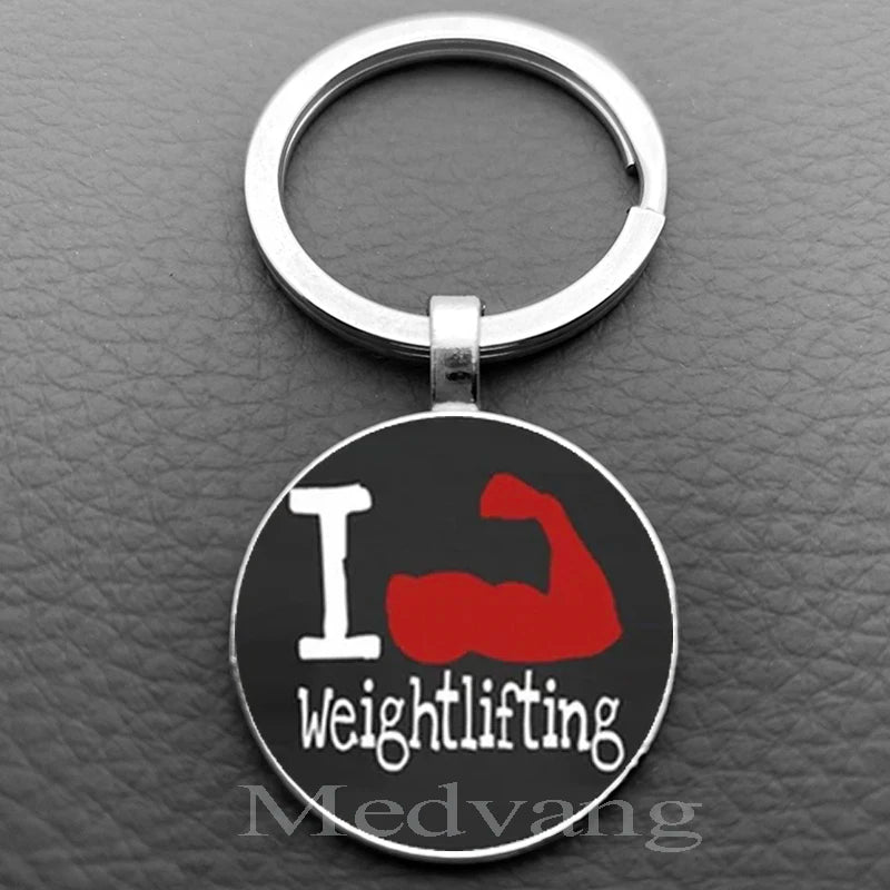 Weightlifting Fitness Pattern Keychain Loves Fitness Men and Women Exclusive Glass Round Keychain Gift for Fitness Club - Sun Studio