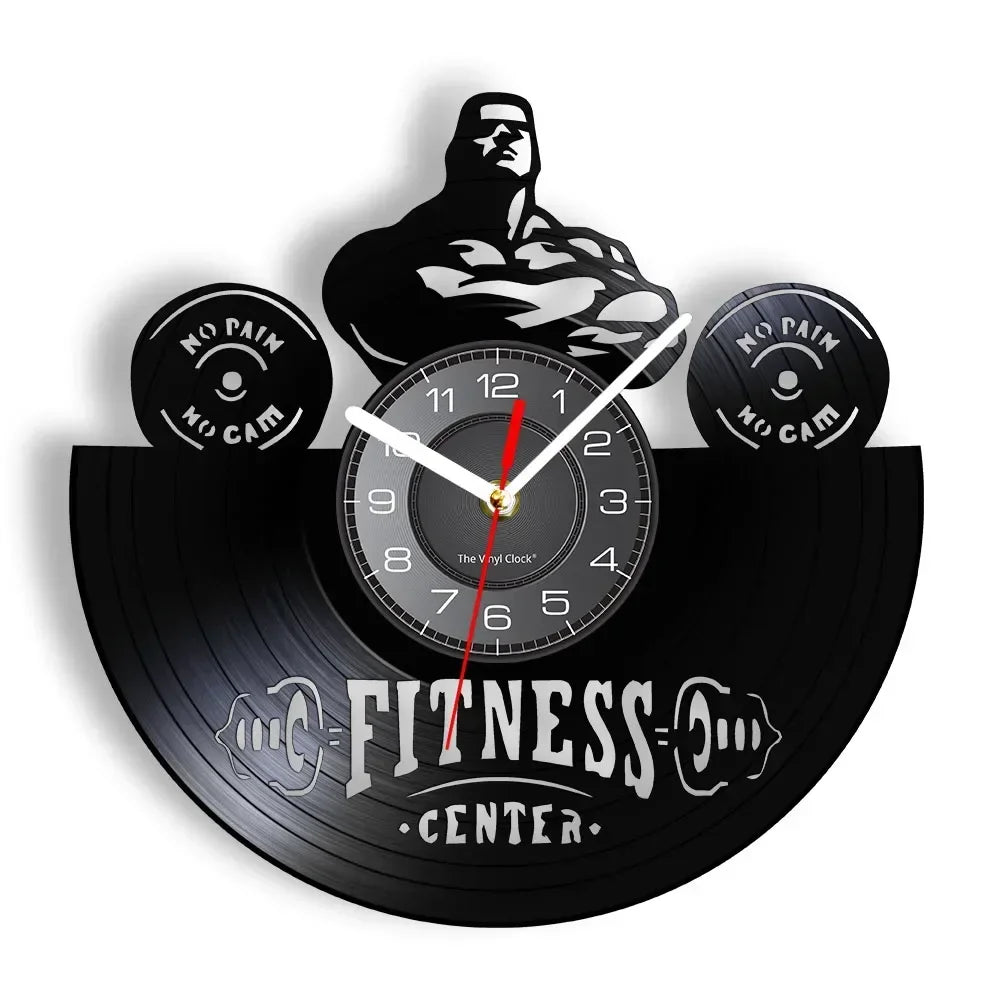 Fitness Equipment Theme Vinyl Record Fitness Wall Clock Home Decoration LED Backlight Modern Fitness Watch