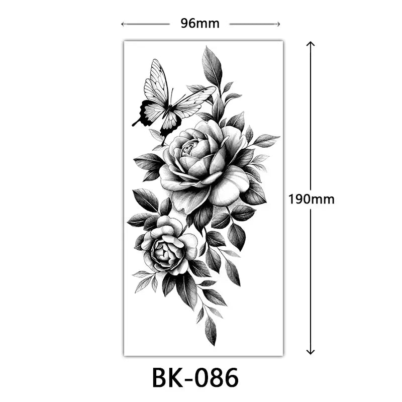 Rose Blossom Tattoo Temporary Waterproof Butterfly Fake Tattoo for Woman Black Flower Sketch Tattoo Sticker