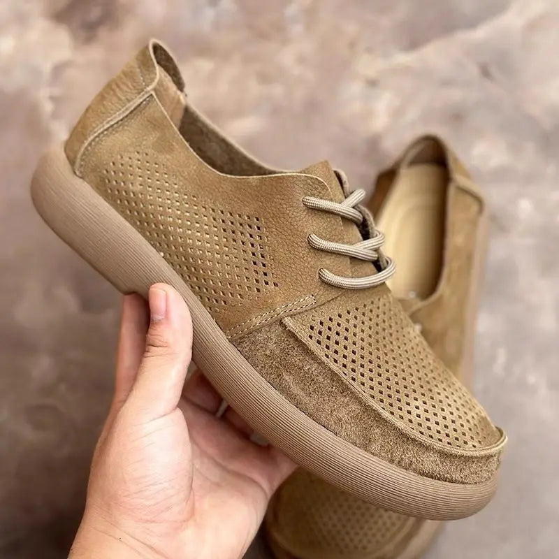 Wide toe hollow natural leather shoes men's 2025 summer new cowhide punched breathable soft leather soft sole singlecasual shoes - Sun Studio