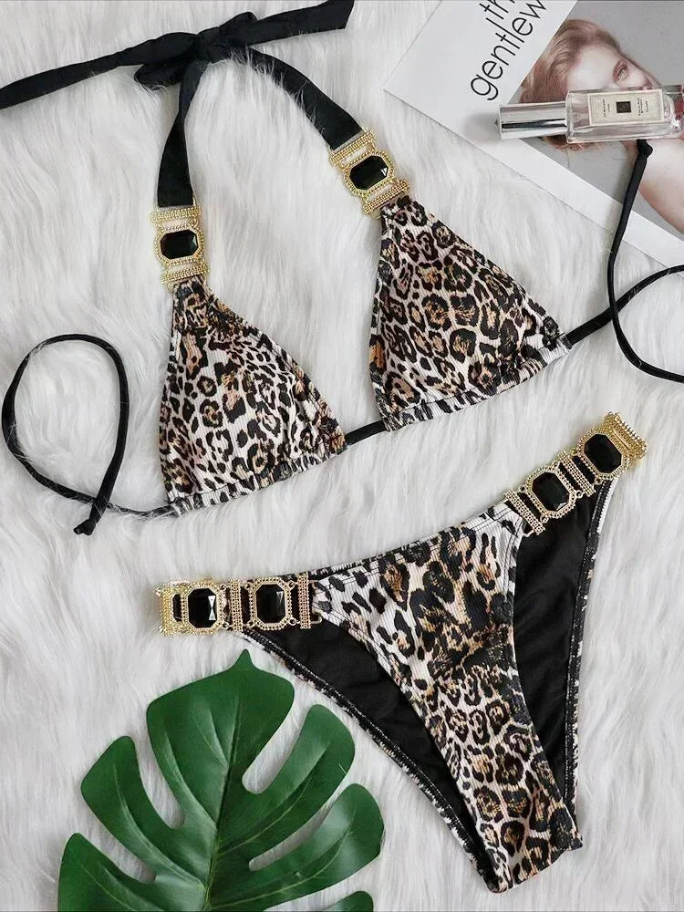 Halter Rhinestone Diamond Bikini Women Swimsuit Female Bikinis Metal Chain Swimwear Two Pieces Bikini Set Bathing Suit Swim Lady - Sun Studio