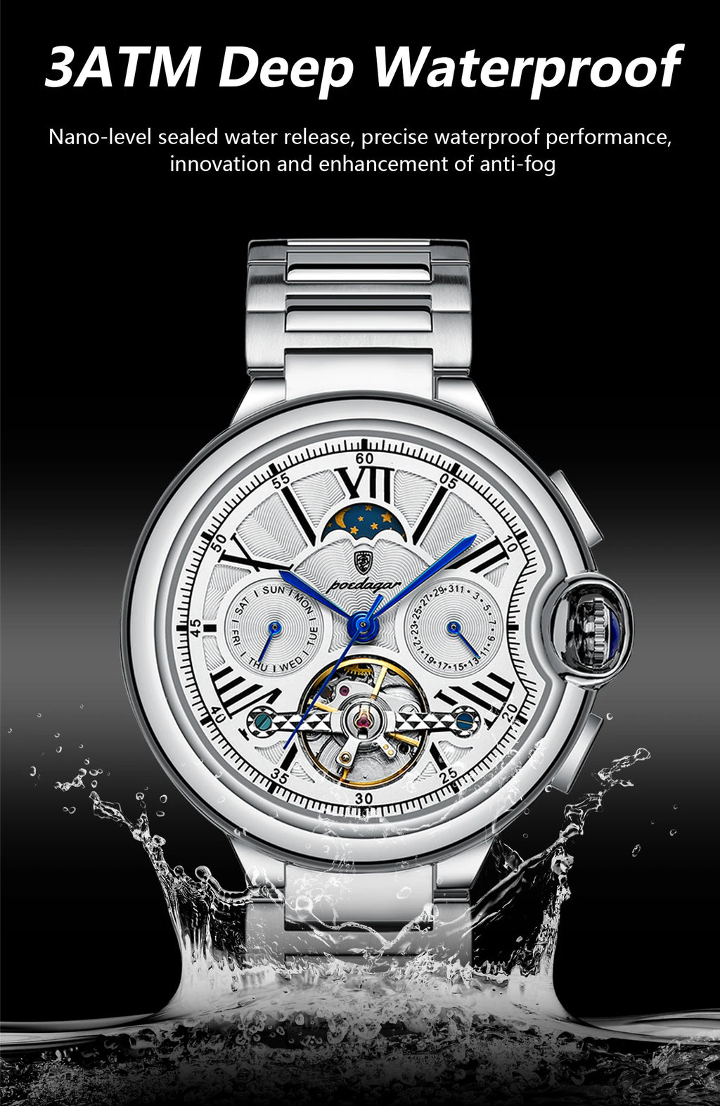 POEDAGAR Luxury Male Watch Business Date Week Stainless Steel Tourbillon Men Clock Waterproof Automatic Mechanical Men's Watches - Sun Studio