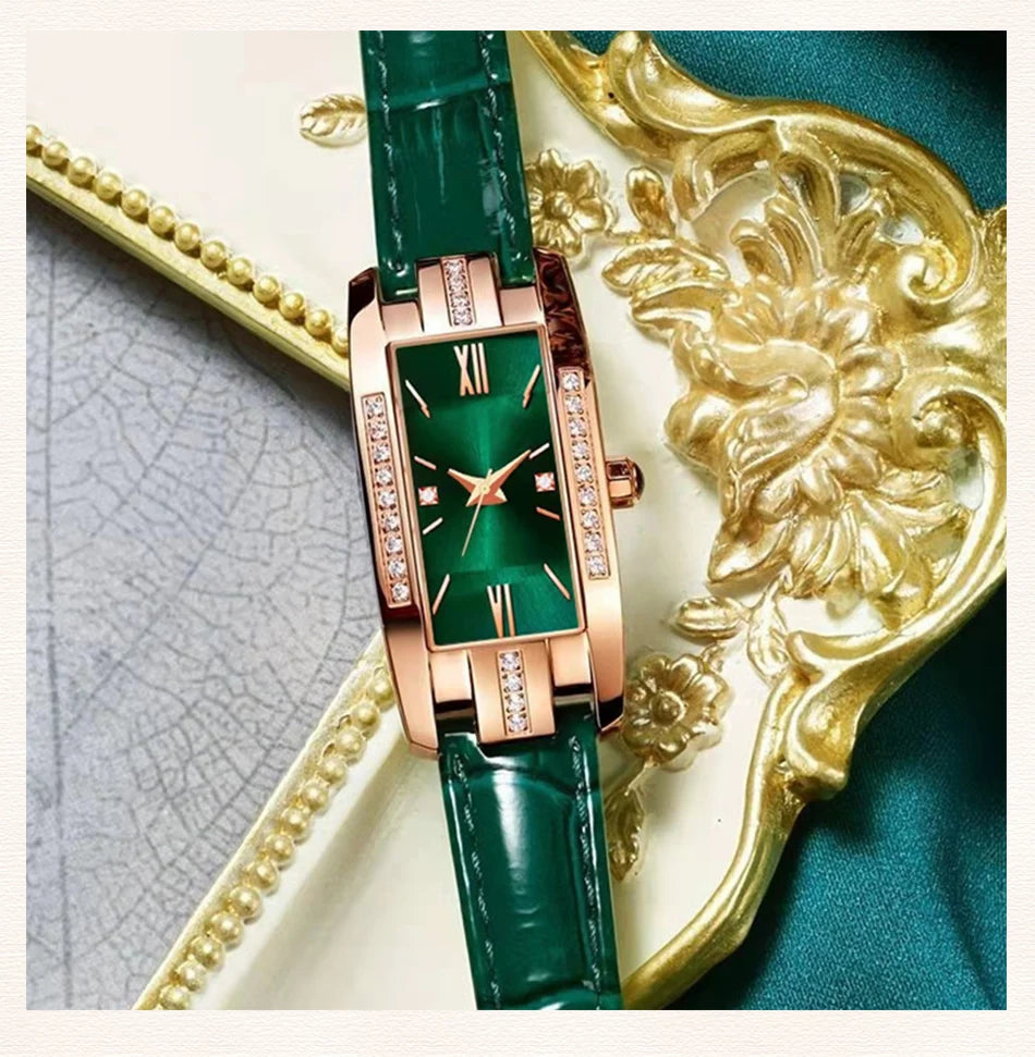 Womens Watches Fashion Square Ladies Quartz Watch Bracelet Set Green Dial Simple Leather Luxury Women Watches - Sun Studio