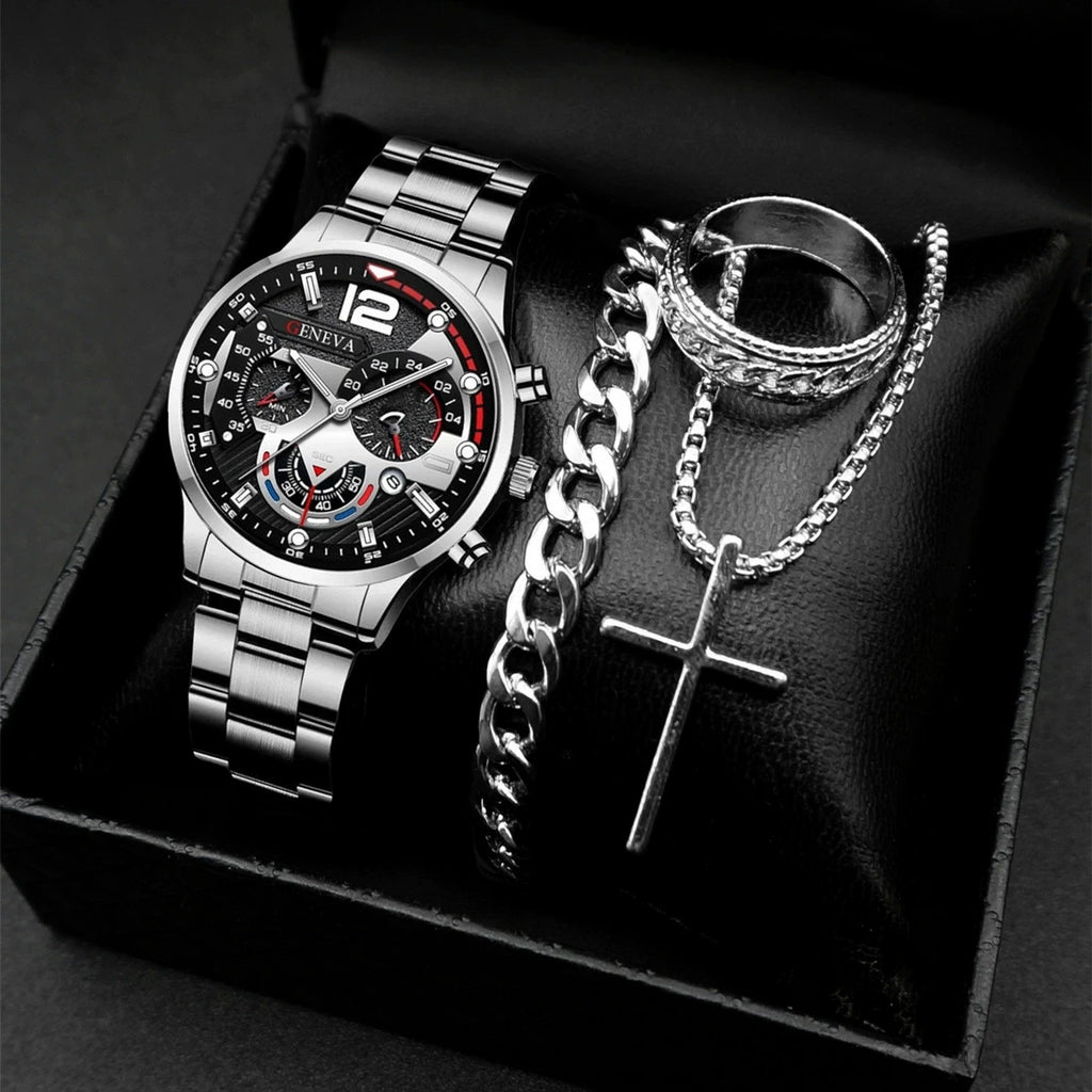 4PCS/Set Fashion Men's Watch Casual Gold Steel Band Analog Male Quartz Watches Jewelry Set（Without Box） - Sun Studio