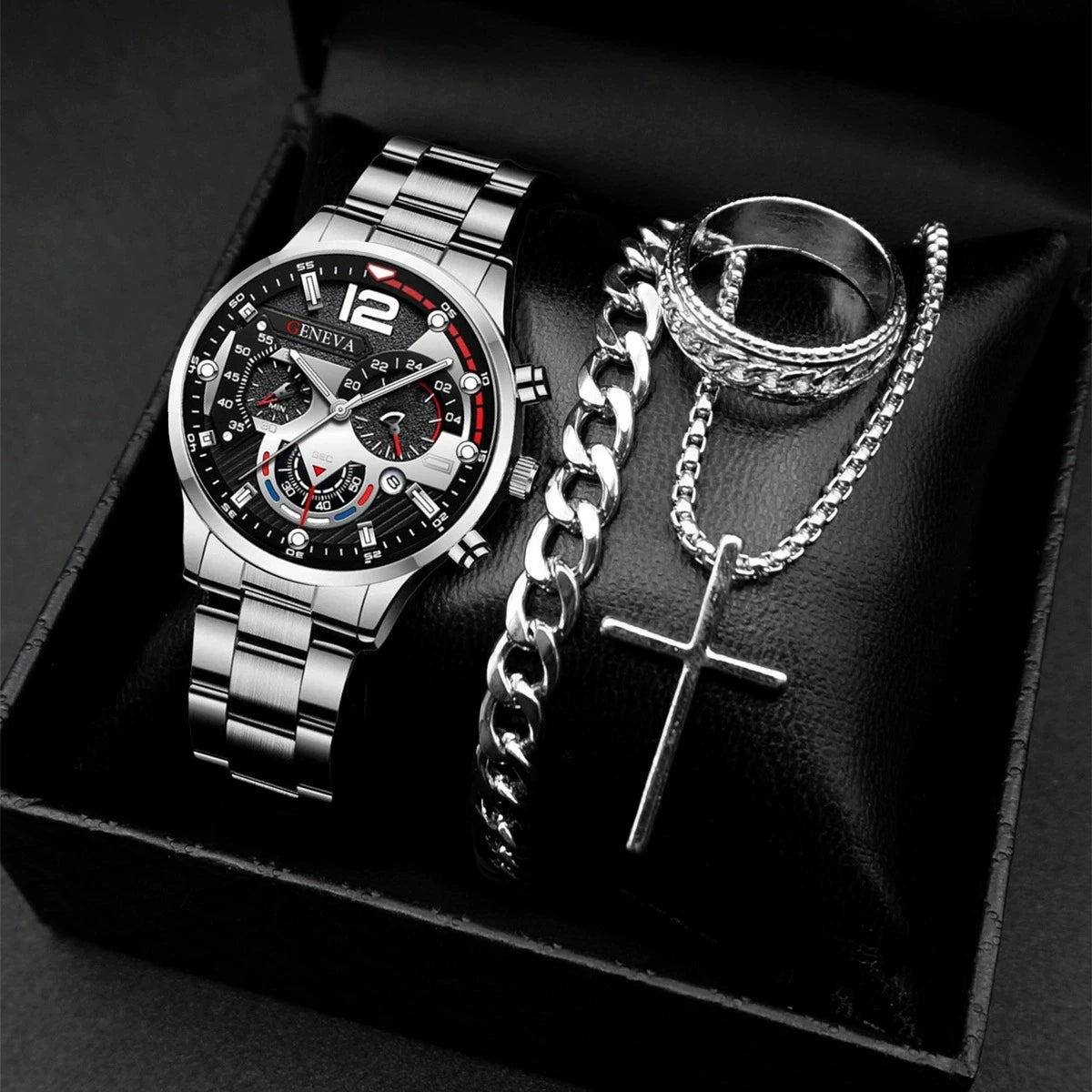 4PCS/Set Fashion Men's Watch Casual Gold Steel Band Analog Male Quartz Watches Jewelry Set（Without Box） - Sun Studio