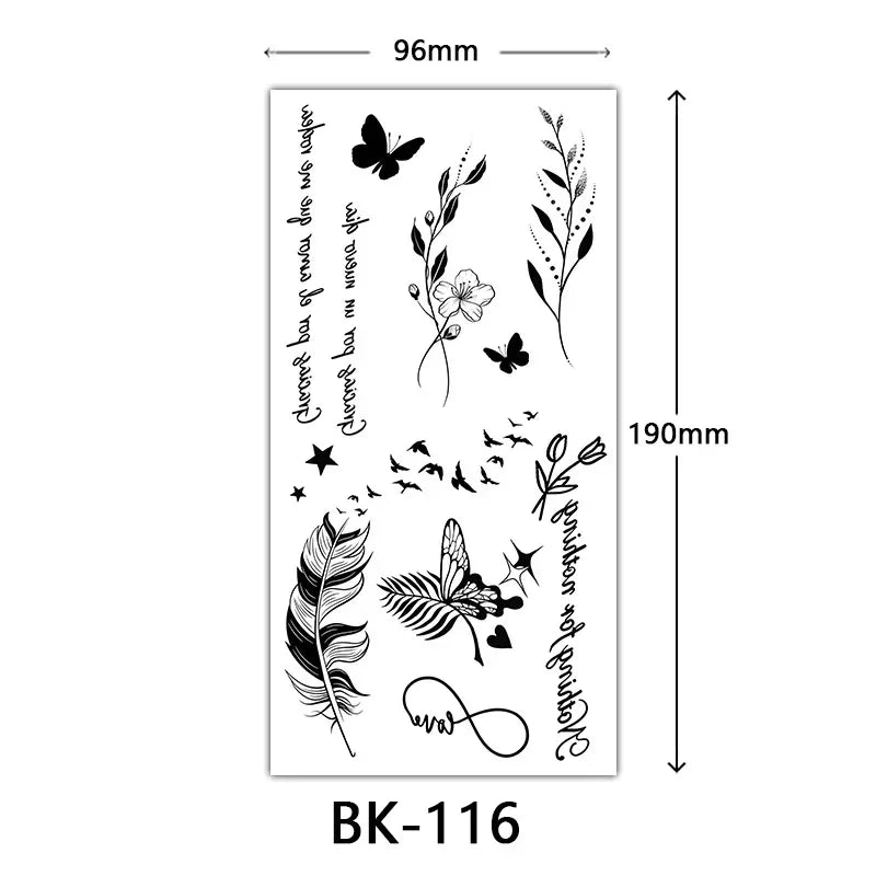 Rose Blossom Tattoo Temporary Waterproof Butterfly Fake Tattoo for Woman Black Flower Sketch Tattoo Sticker