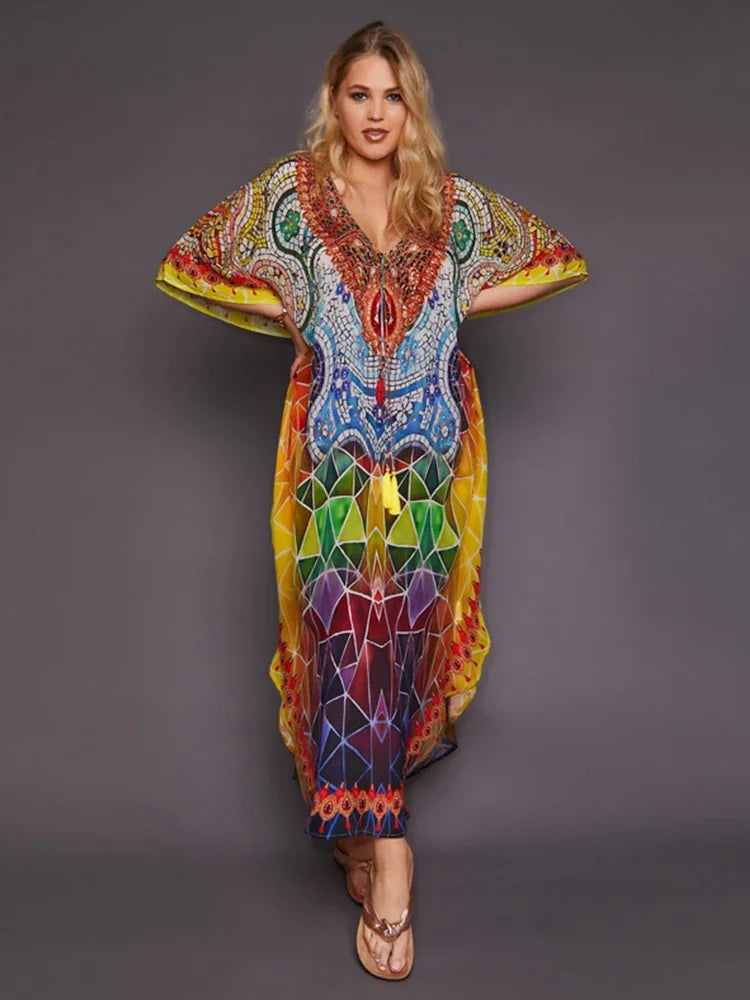 EDOLYNSA Bohemian Printed Women Plus Size vacation kaftan Summer Beach Maxi Dress Beachwear SwimSuit Cover Up beach wear  Q999 - Sun Studio