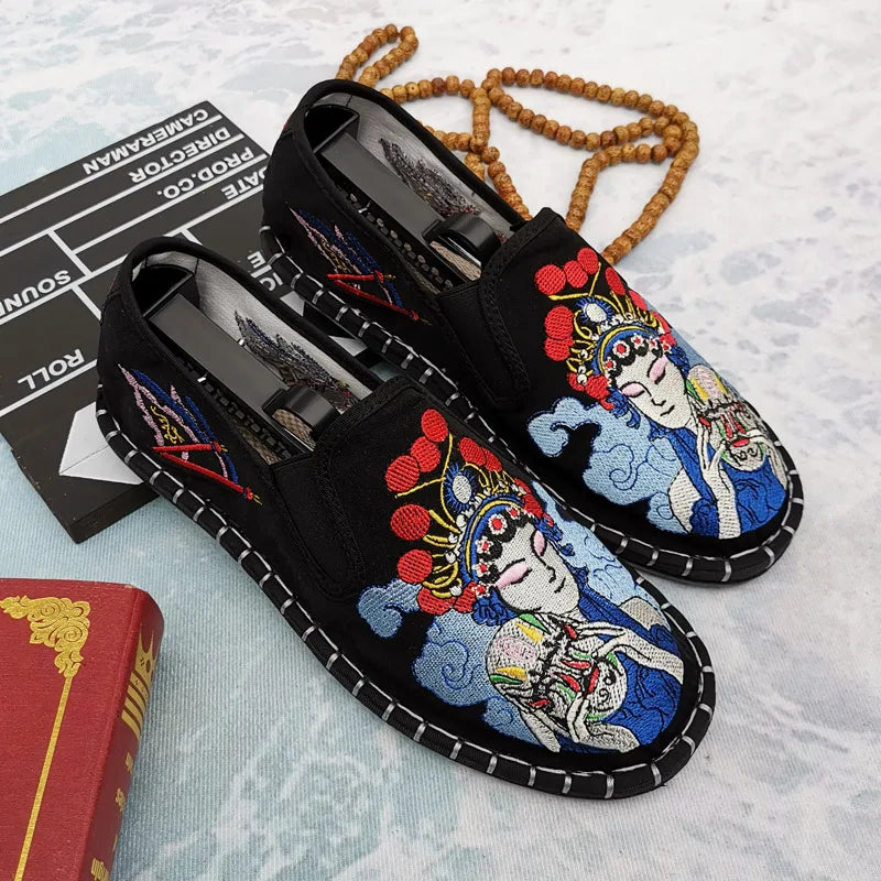 Classic Chinese Embroidered Men's Flats Shoes Slip on Casual Canvas Shoes Black Comfortable Loafers Flats Men mocasines hombre - Sun Studio