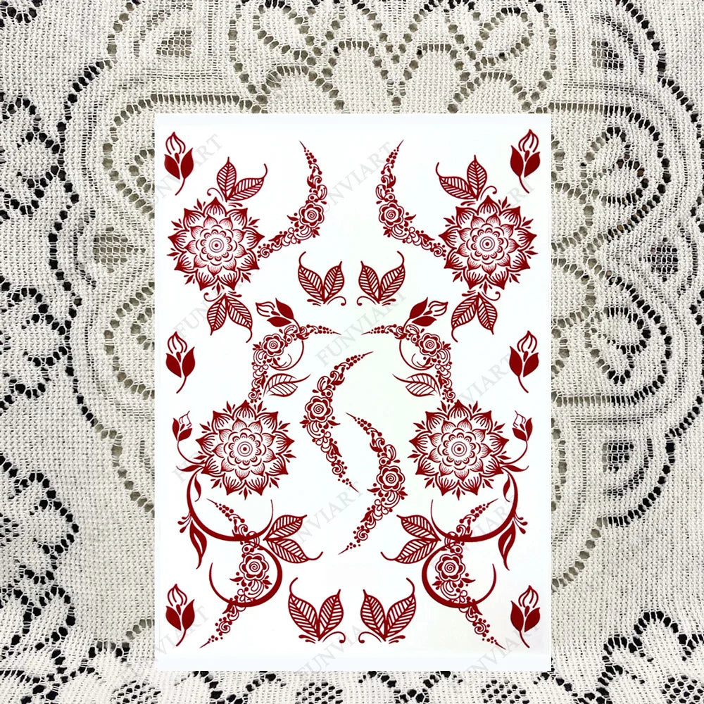 Brown Henna Tattoo Stickers for Hand Foot Waterproof Temporary Tattoos for Women Maroon Color Fake Tattoo for Wedding Body Art - Sun Studio