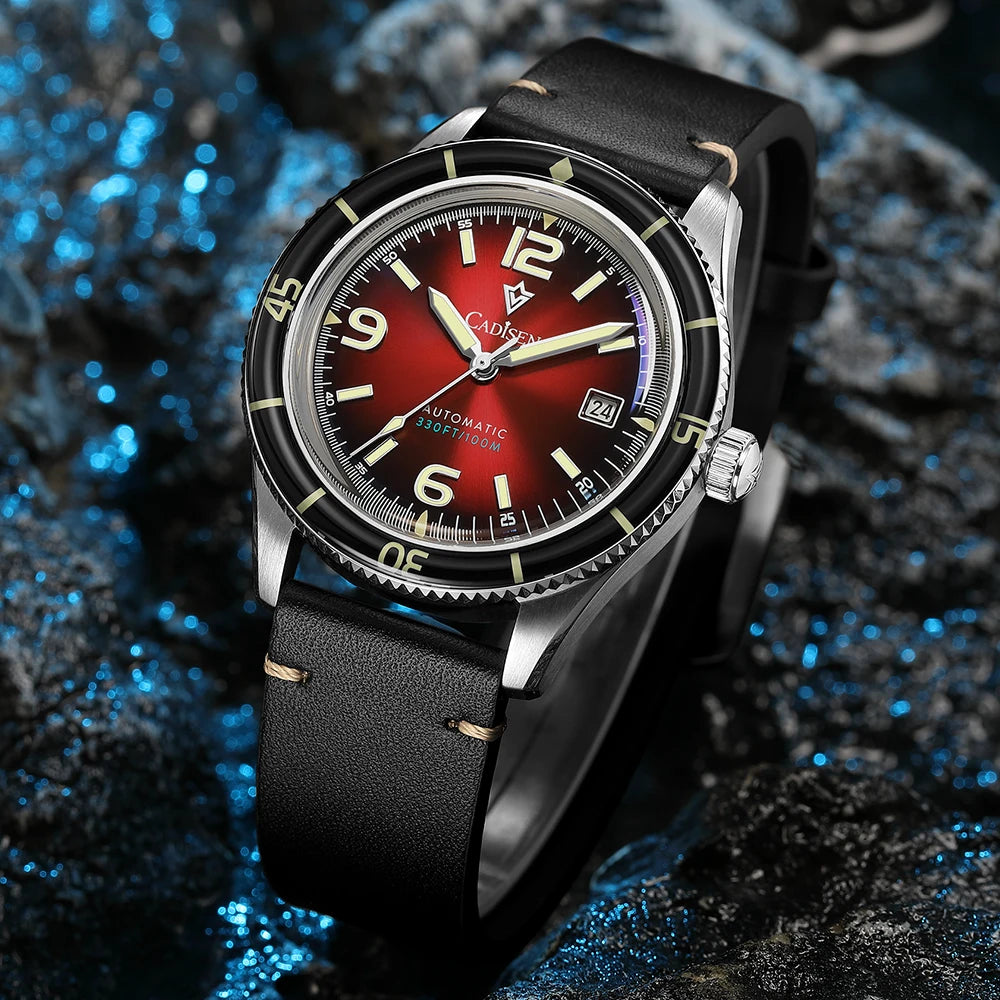 CADISEN 2026 Watch Men Mechanical Wristwatches MIYOTA 8215 Movement Genuine Leather Strap Waterproof Luminous Red Mens Watches - Sun Studio