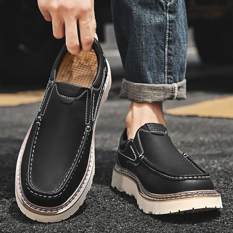 Trendy New Style Men's Genuine Leather Shoes Thick Soled Tooling Shoes Men's Oxford Shoes Lace Up Business Shoes Outdoor Loafers - Sun Studio