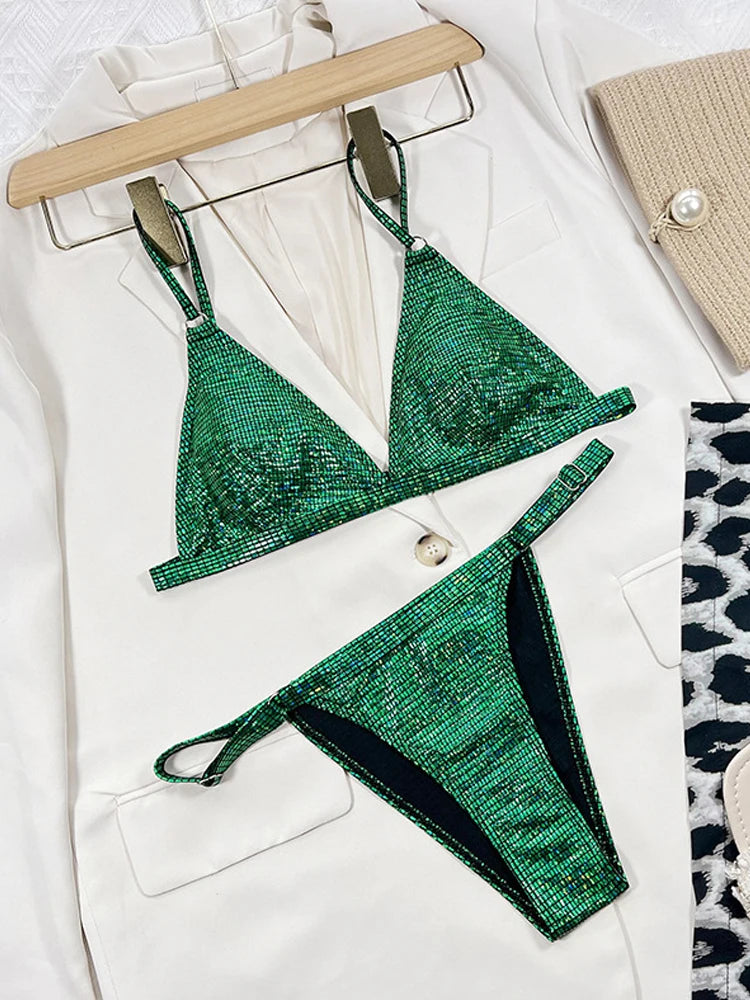 Gold glitter swimsuit women 2026 shiny two piece bikini sexy V-neck suspender swimwear high waist ackless bathing suit XMC185W - Sun Studio