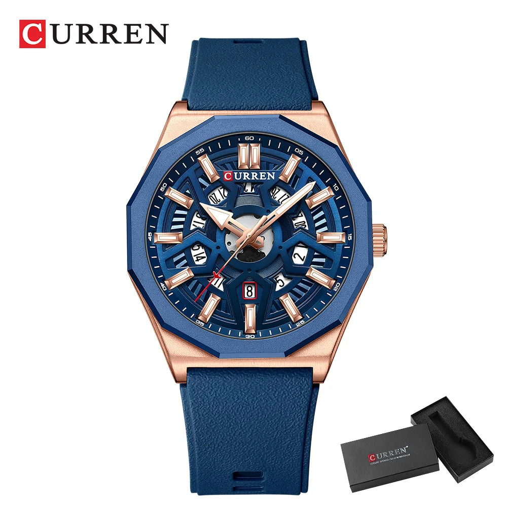 CURREN Fashion Creative Design Watches Men Quartz Silicone Strap Date Wristwatches for Male Clock with Luminous Hands