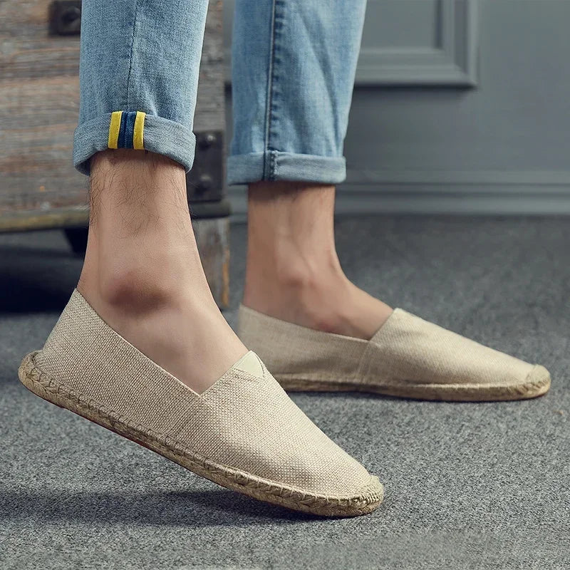 Women Sewing Flax Shoes Slip on Loafers Casual Shoes Man Espadrilles Hemp Canvas Flat Shoes Plus Size Fisherman Driving Footwear - Sun Studio