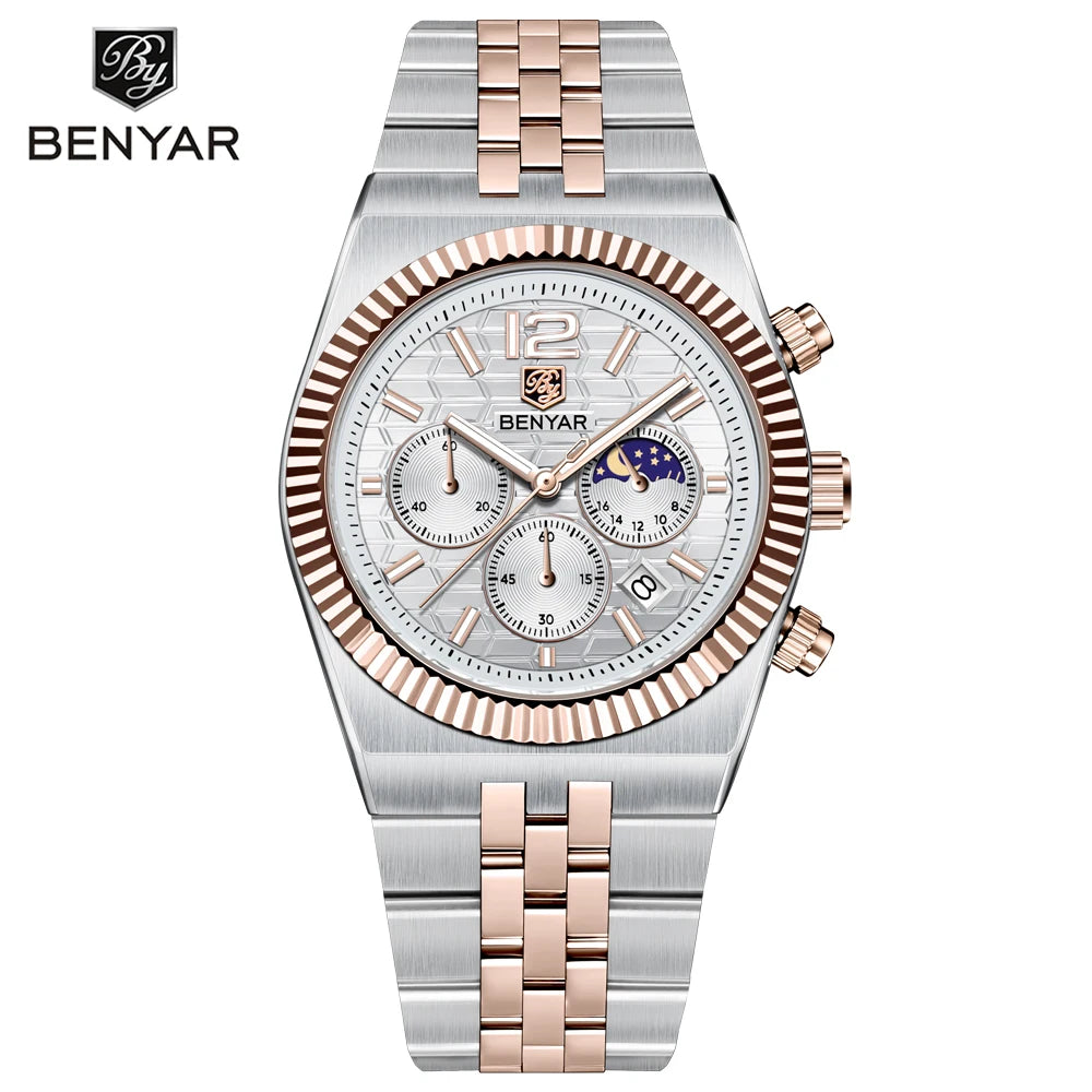 2025 New BENYAR Moon Phase Mens Watches Top Luxury Quartz Chronograph Watch For Men Stainless Steel Waterproof Sports Clock Gift - Sun Studio