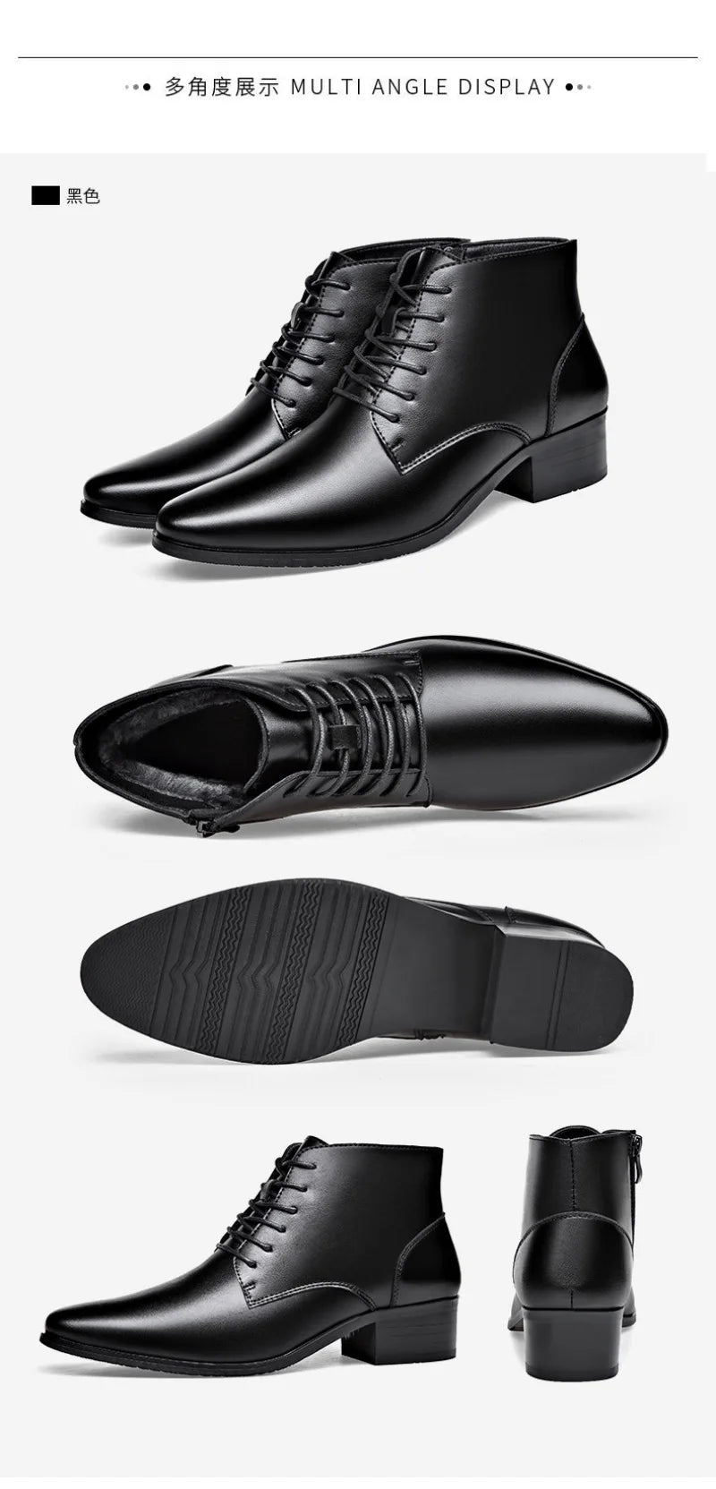 Men's Boots Fashion High-top Casual Boot Pointed Tip Business Leather Boots for Men Plush Warm Winter Boots Lace Up Ankle Botas - Sun Studio