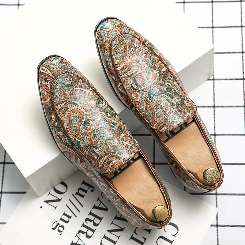 New British Style Fashion Trends Printed Leather Loafers Men Breathable Casual Shoes Men Slip-on Dating Driving Party Men Shoes - Sun Studio