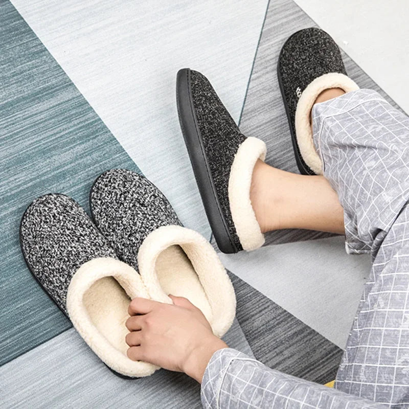 Men Slippers Black New Winter Suede Slippers Warm Indoor Slipper Waterproof Home House Shoes Men Warm Velvet Fur Knitting Shoes - Sun Studio