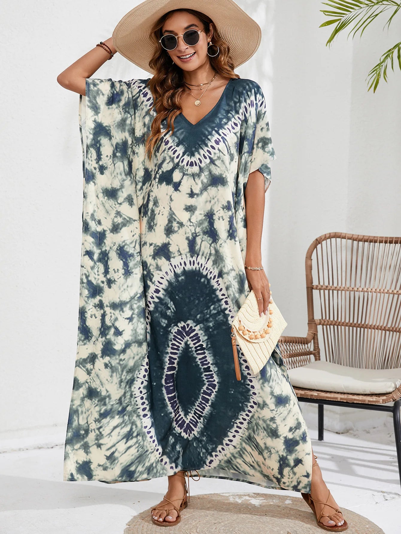 Kaftan Dresses for Women Plus Size Tie Dye Batwing Sleeve Caftans Swimsuit Coverup Maxi Dress Loungewear - Sun Studio