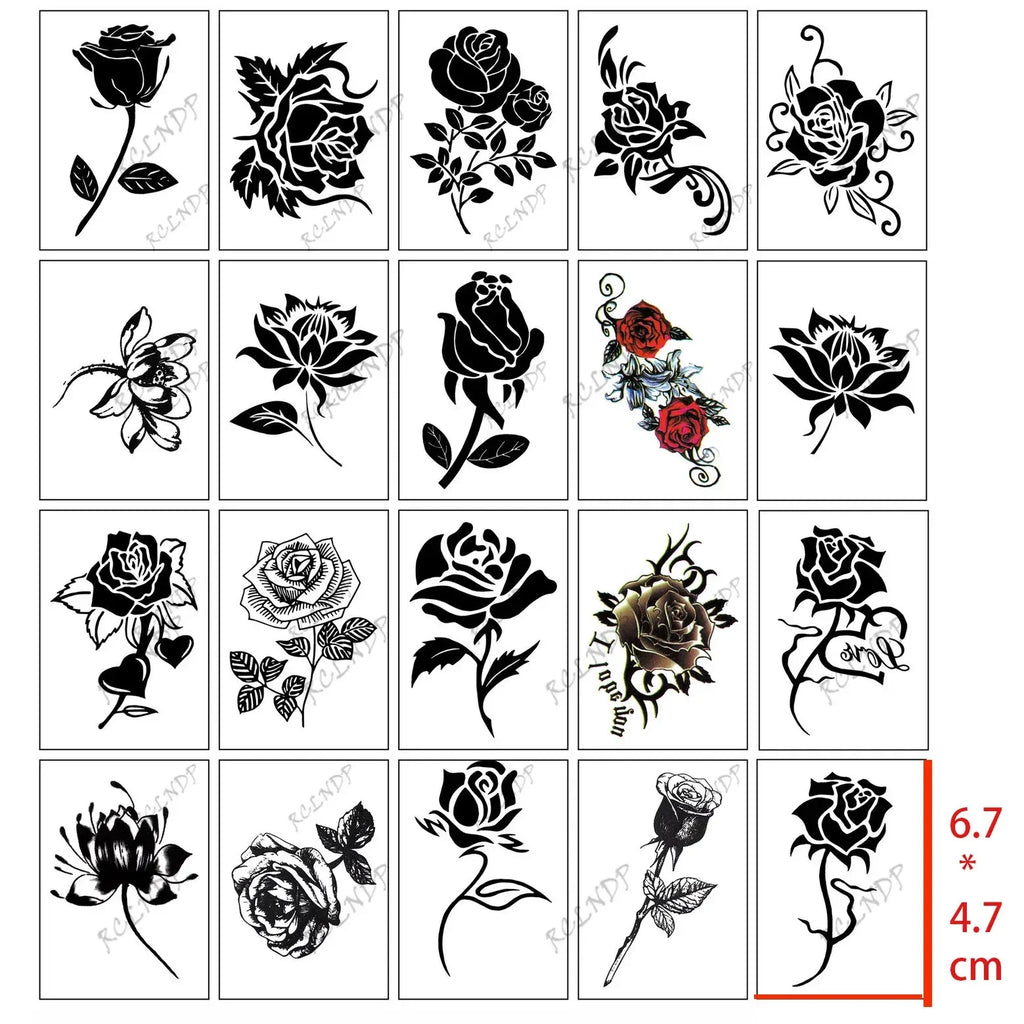 20 Pcs Waterproof Temporary Tattoo Sticker Black Flower Rose Lotus Planet Ins Flash Tatoo Fake Tatto for Men Women Girl - Sun Studio