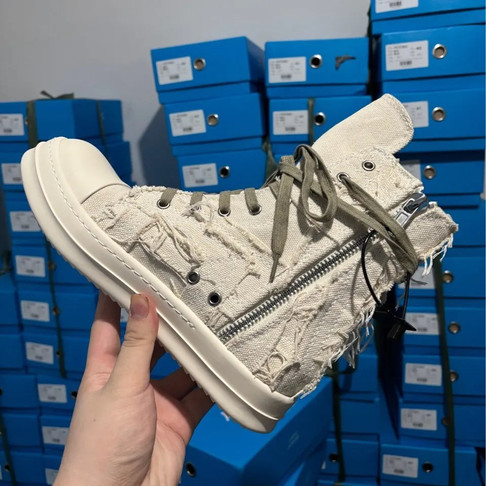 Brand Men Shoes Casual Canvas Distress Flats High to Ankle Boots Women Owens Vintage Original Luxury Designers Sneakers - Sun Studio