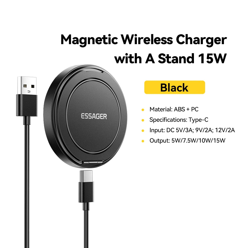 Essager Magnetic Wireless Charger With Holder 15W Fast Charging For iPhone17 16 15 14Pro Max Airpods Mini Wireless Phone Charger - Sun Studio