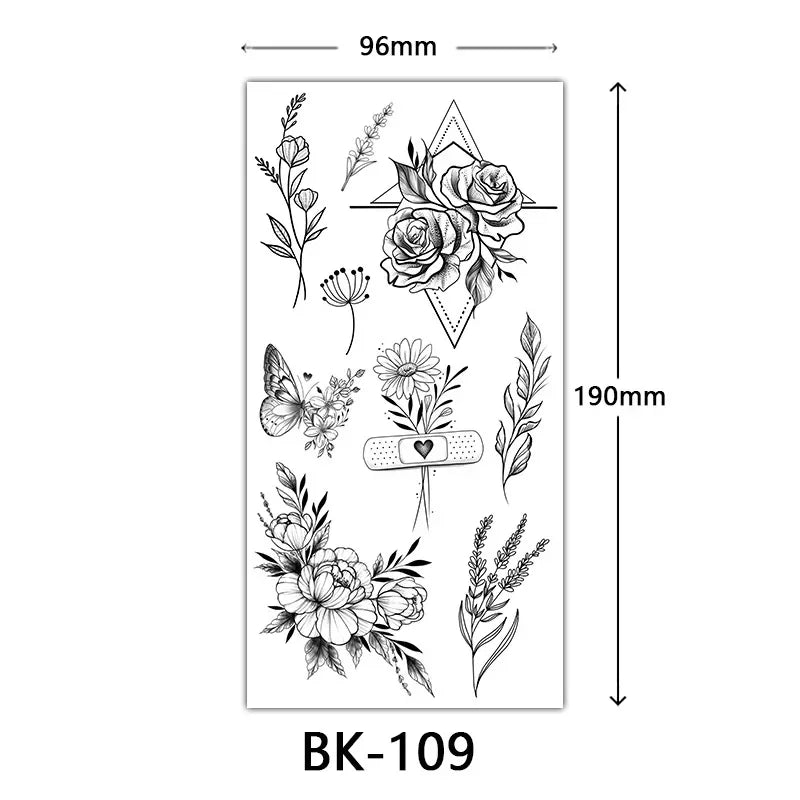 Rose Blossom Tattoo Temporary Waterproof Butterfly Fake Tattoo for Woman Black Flower Sketch Tattoo Sticker