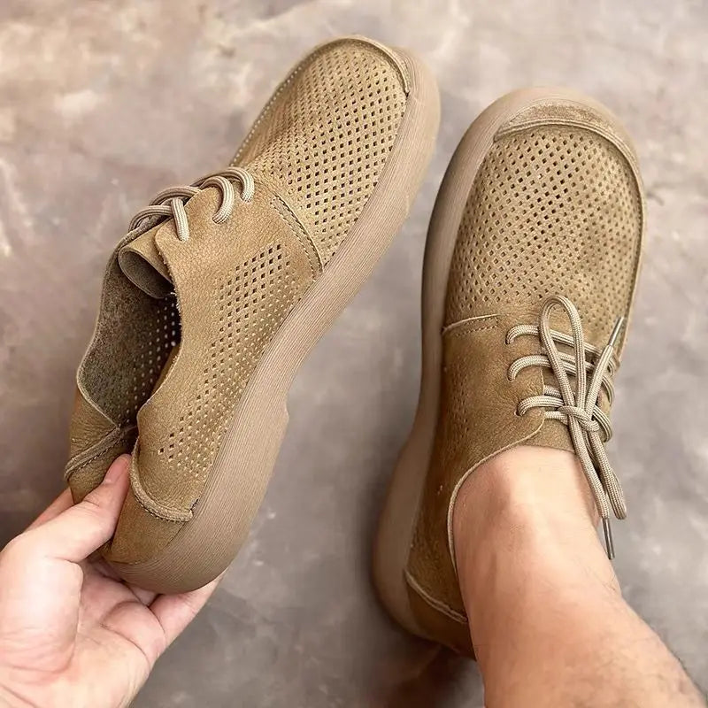 Wide toe hollow natural leather shoes men's 2025 summer new cowhide punched breathable soft leather soft sole singlecasual shoes - Sun Studio