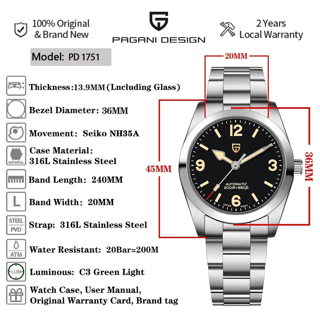 PAGANI DESIGN 2026 New 36MM Men Automatic Mechanical Watches NH35 Sapphire Stainless Steel AR Coating 20Bar Clock Watch for Men - Sun Studio