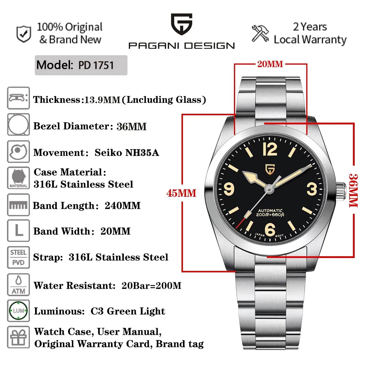PAGANI DESIGN 2026 New 36MM Men Automatic Mechanical Watches NH35 Sapphire Stainless Steel AR Coating 20Bar Clock Watch for Men - Sun Studio