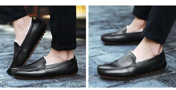 Winter Fur Loafers Men Casual Shoes Cotton Leather Dress Shoes Slip-on Flats Plush Man Moccasins Fleece Lined Driving Shoes - Sun Studio