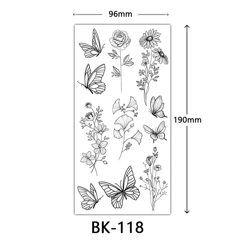 Rosenblüten-Tattoo Temporäres wasserdichtes Schmetterlings-Fake-Tattoo für Frauen Schwarzes Blumen-Skizzen-Tattoo-Aufkleber