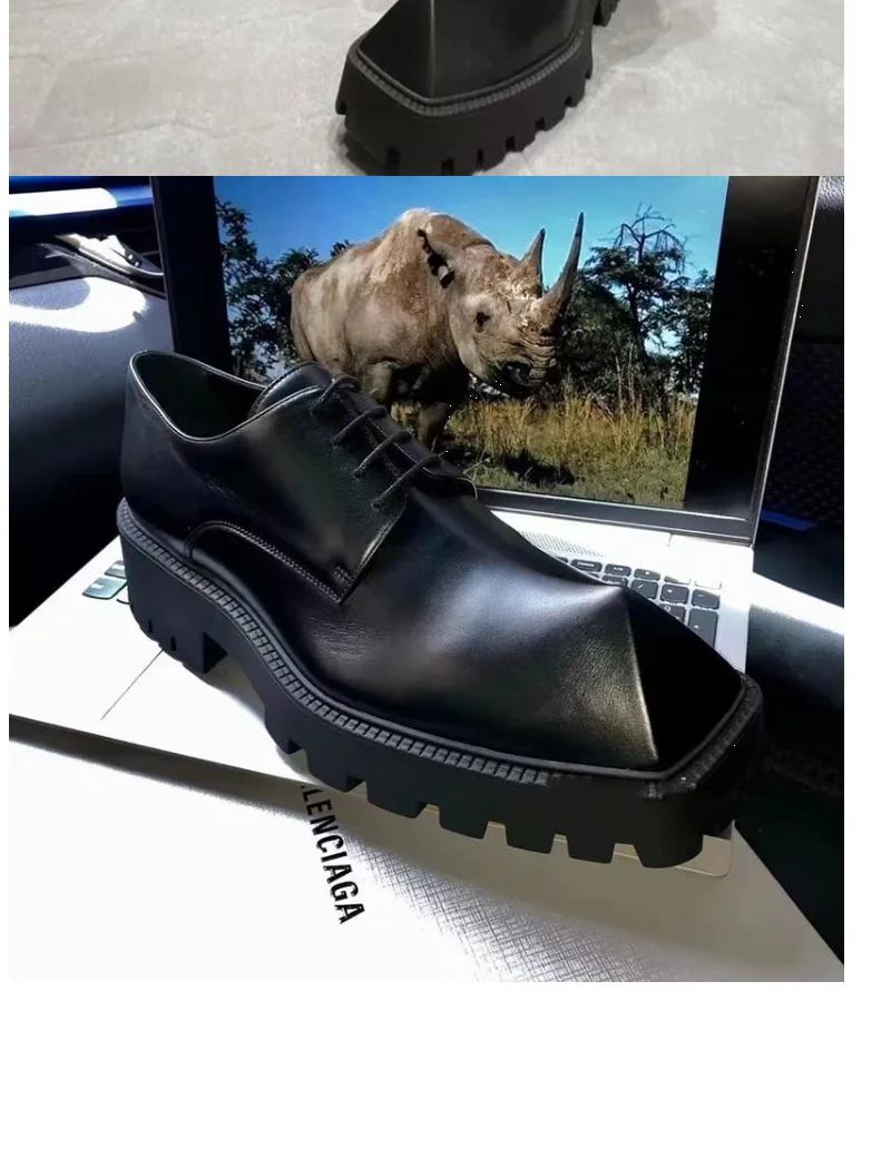2025 Men's Big Head Leather Niche Design Casual Platform Rhino Horn Square Single Sneakers Derby Shoes - Sun Studio
