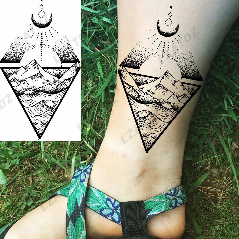 Unique Triangle Ocean Wave Temporary Tattoos For Men Women Realistic Tiger Lion Fake Tattoo Stickers Saying Transfer Art Tatoos - Sun Studio
