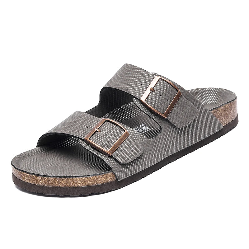 Summer Men Cork Slippers Slides Clogs Casual Slip On Sandals Double Buckle Women Microfiber Leather Unisex Big Size 47 48 49 - Sun Studio