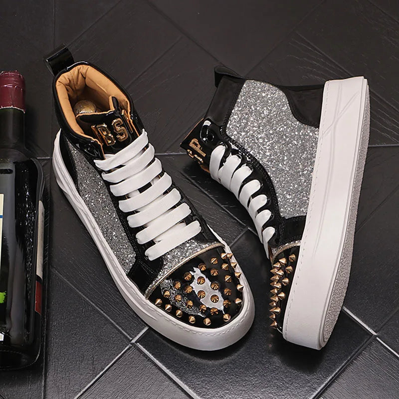 Winter High Tops For Men Rivet Sequin Everyday All Match Patent Leather Casual Shoes Male Flats Loafers Sports Walking Sneakers - Sun Studio