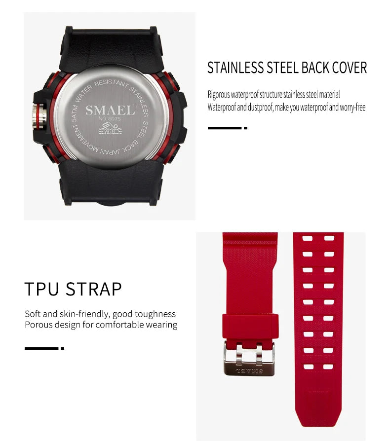 New SMAEL Sport Watch for Man Dual Time Watch for Men Shock Resistant Led Light Watch Military 8075 Quality Mens Sports Watches - Sun Studio
