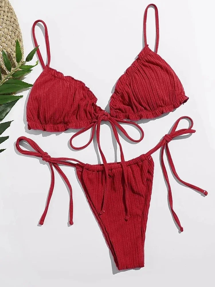 New 2025 Sexy Swimsuit Pit stripe Bikini Women Swimwear  Bathing Suits Push Up Biquinis Bandage Beachwear Solid Bikini Sets - Sun Studio