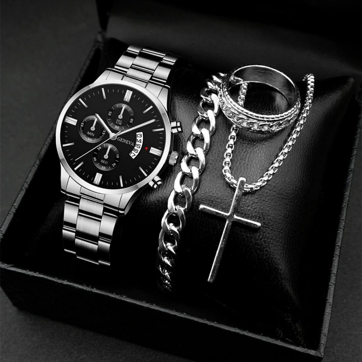 4PCS/Set Fashion Men's Watch Casual Gold Steel Band Analog Male Quartz Watches Jewelry Set（Without Box） - Sun Studio