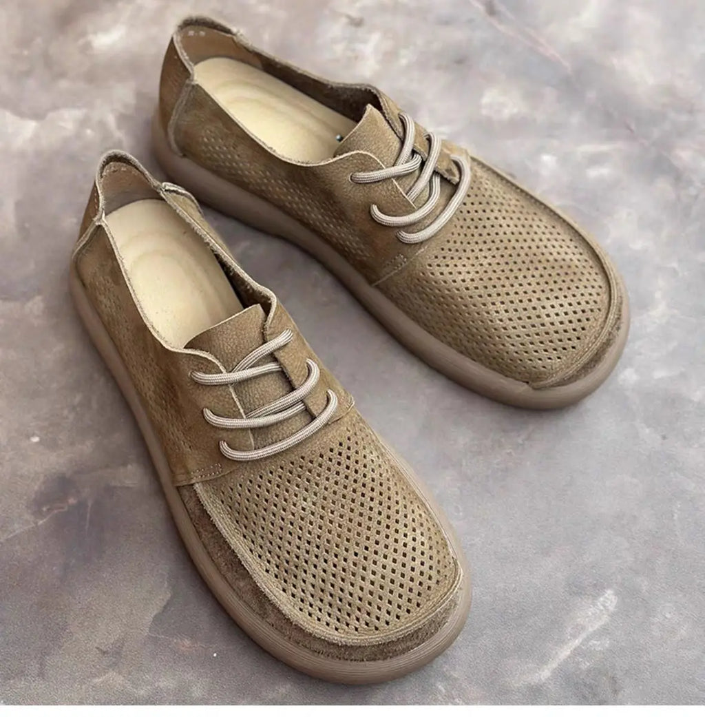 Wide toe hollow natural leather shoes men's 2025 summer new cowhide punched breathable soft leather soft sole singlecasual shoes - Sun Studio