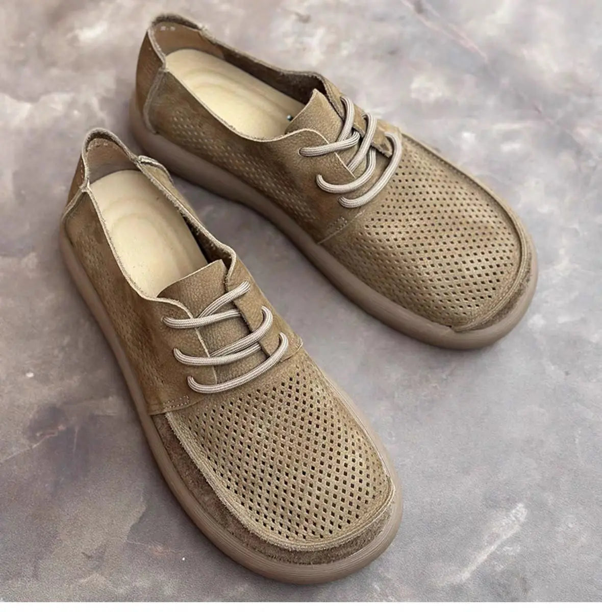 Wide toe hollow natural leather shoes men's 2025 summer new cowhide punched breathable soft leather soft sole singlecasual shoes - Sun Studio