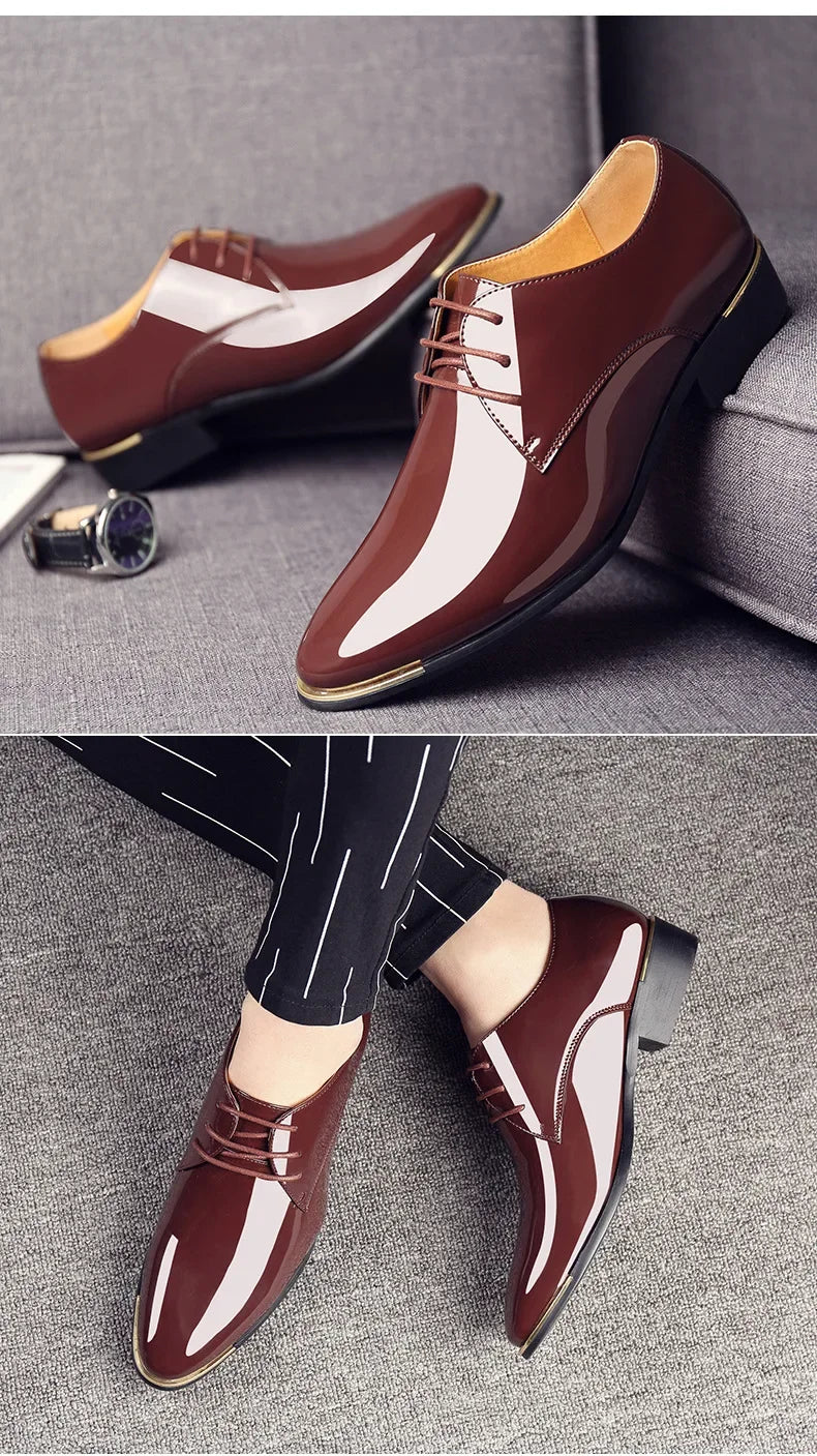 2024 New Men’s Patent Leather Shoes  British Style Men's Dress Shoes Lace Up Pointed Toe Wedding Business Party Social Shoe Male - Sun Studio