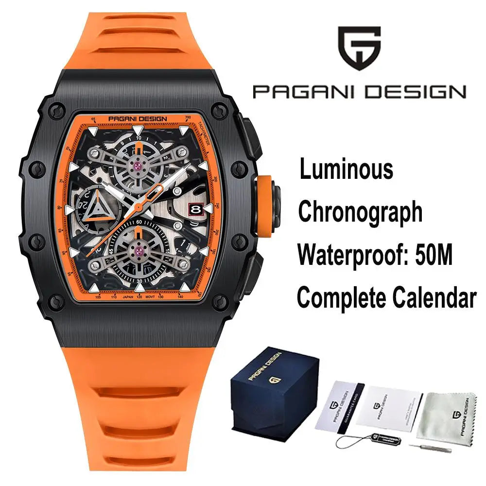 PAGANI DESING Men's Quartz Watches Skeleton Dial 100M Waterproof Sport Rectangle Sapphire glass Watch for Men - Sun Studio