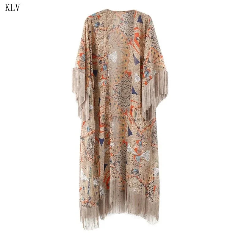 2021 Retro Printed Half Sleeve Cardigan Kimono Boho Fringed Tassels Cover Up Ankle Length Cape Beach Swimsuit - Sun Studio