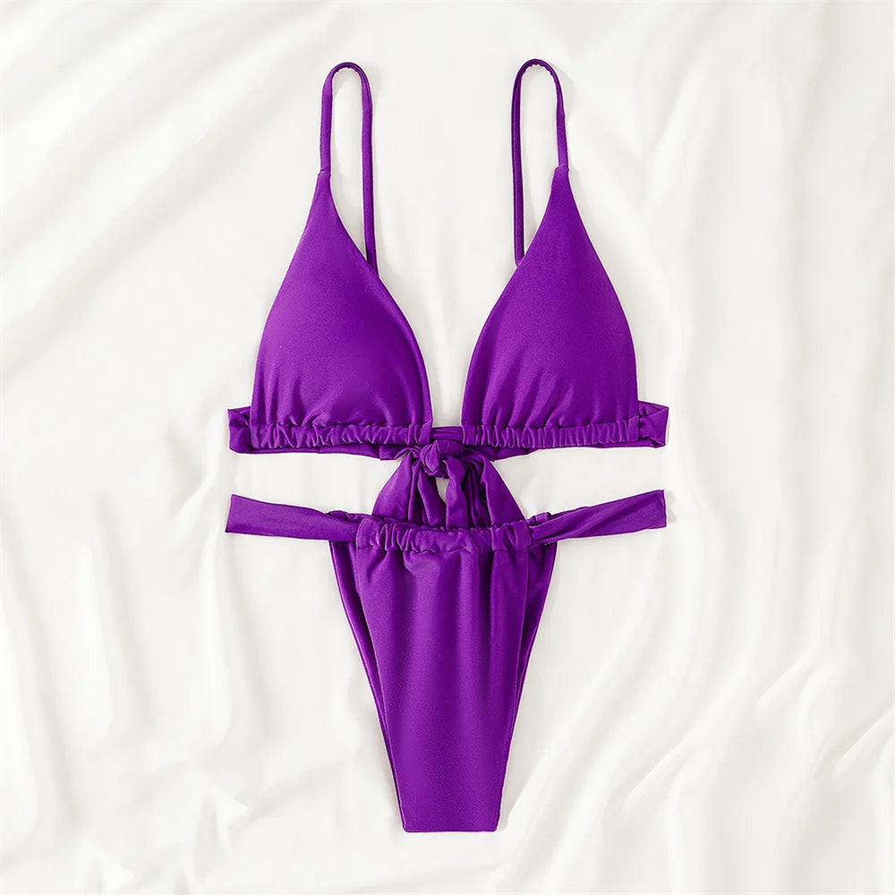 Purple Bikini Triangle Sling Extrem Push Up Swimsuit Backless Bandage Swimwear Women Holiday Beach Outfit Bathing Suit Sexys Set - Sun Studio